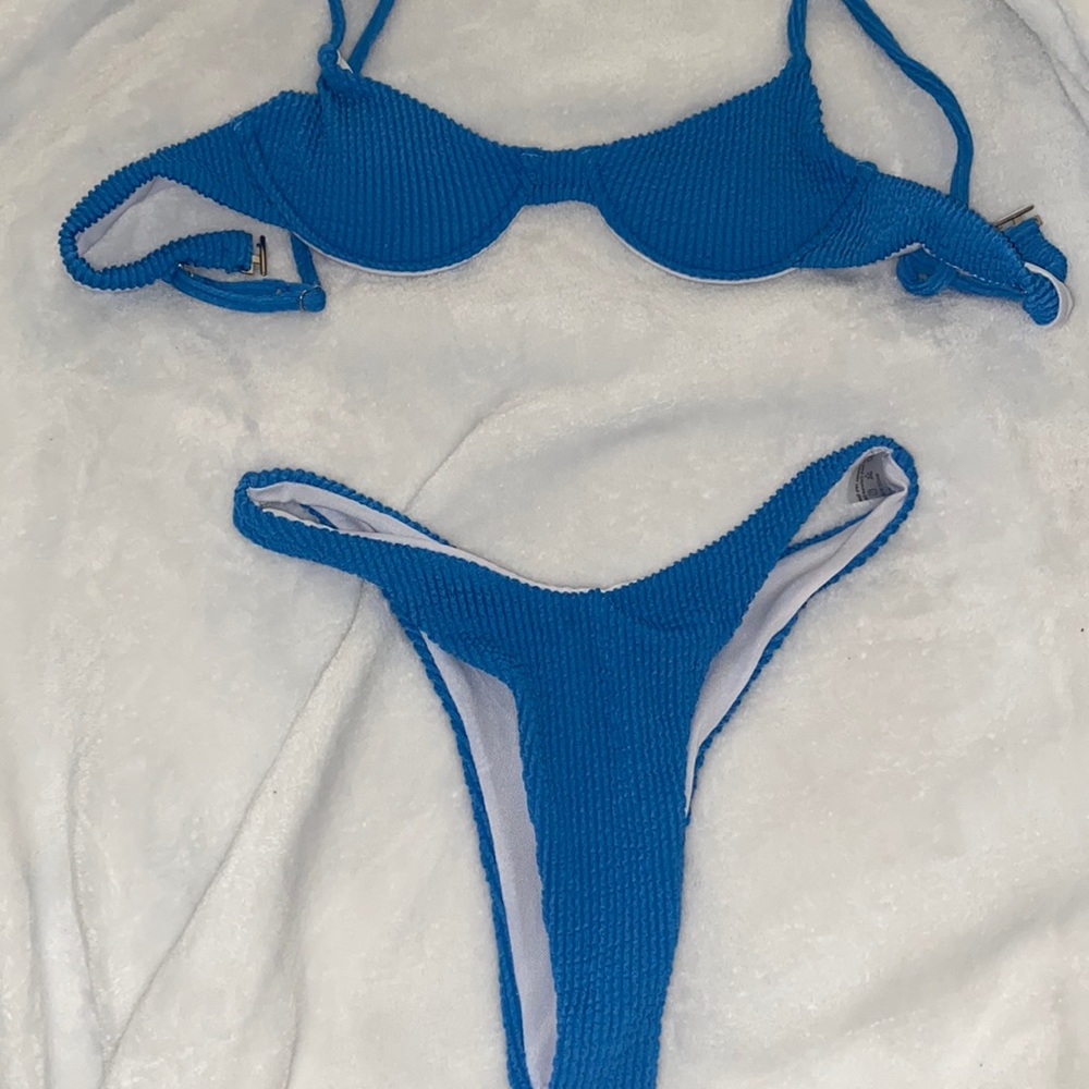 new Blue ruched high cut bikini